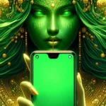 green figure holding smartphone