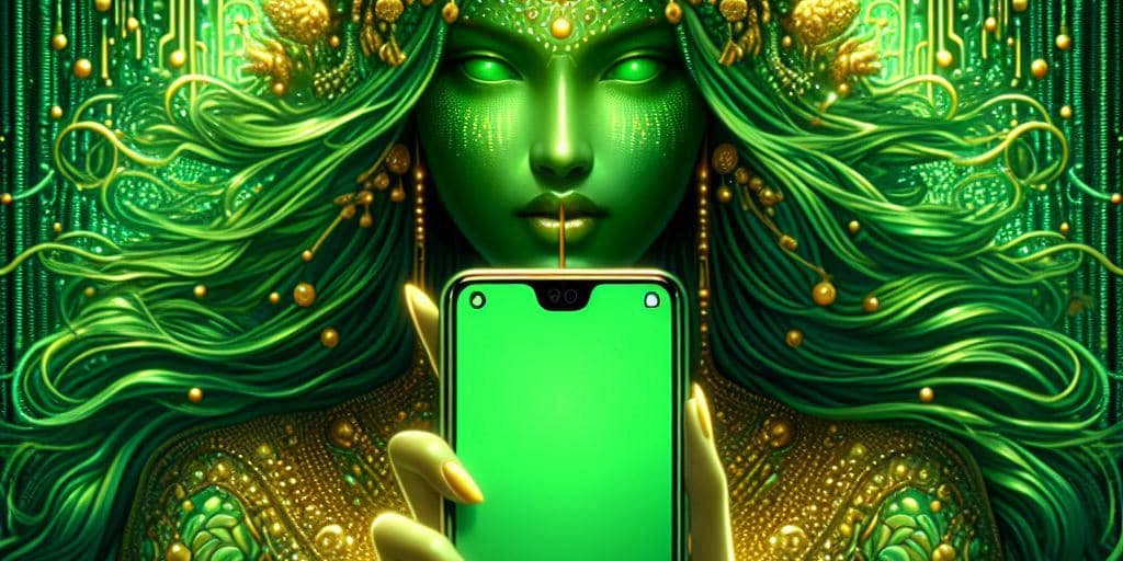 green figure holding smartphone